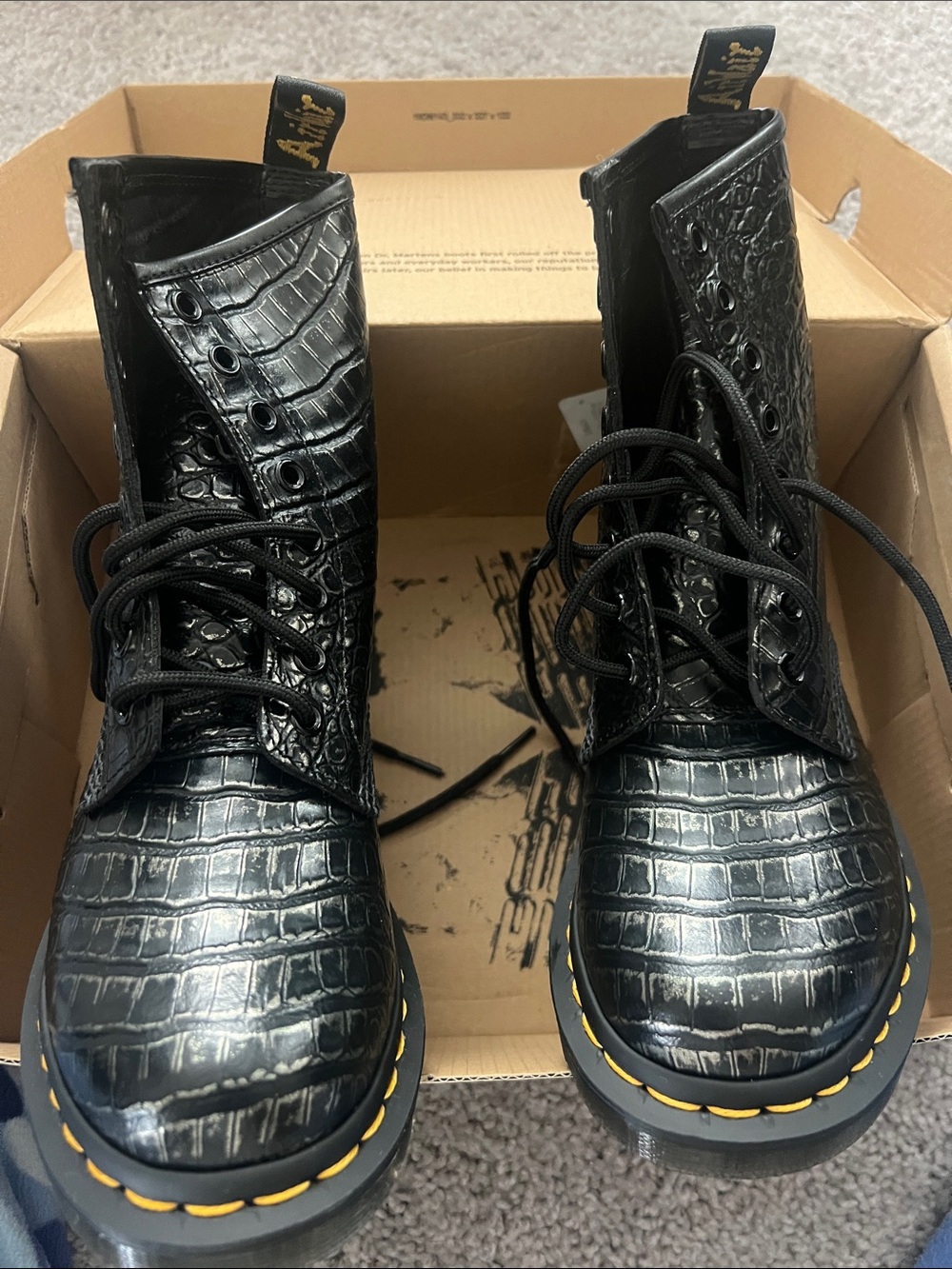 Dr. Martens Black Croc-Embossed 8-Eye Lace-Up Boots with Yellow Stitching